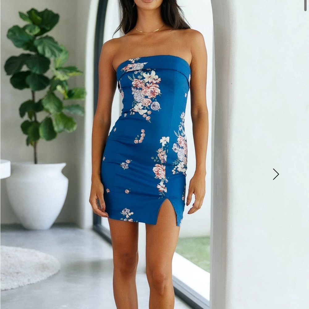 Hello Molly- Floral Strapless Blue Dress NWT L
